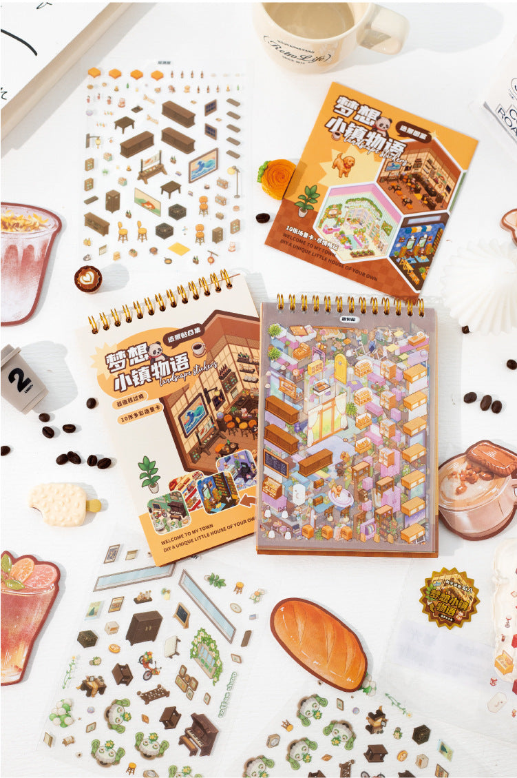 Dream town Story Whimsical Dream Town 3D Sticker Scene Set Panda Academies & Nostalgic Food Streets DIY Miniature Scenes