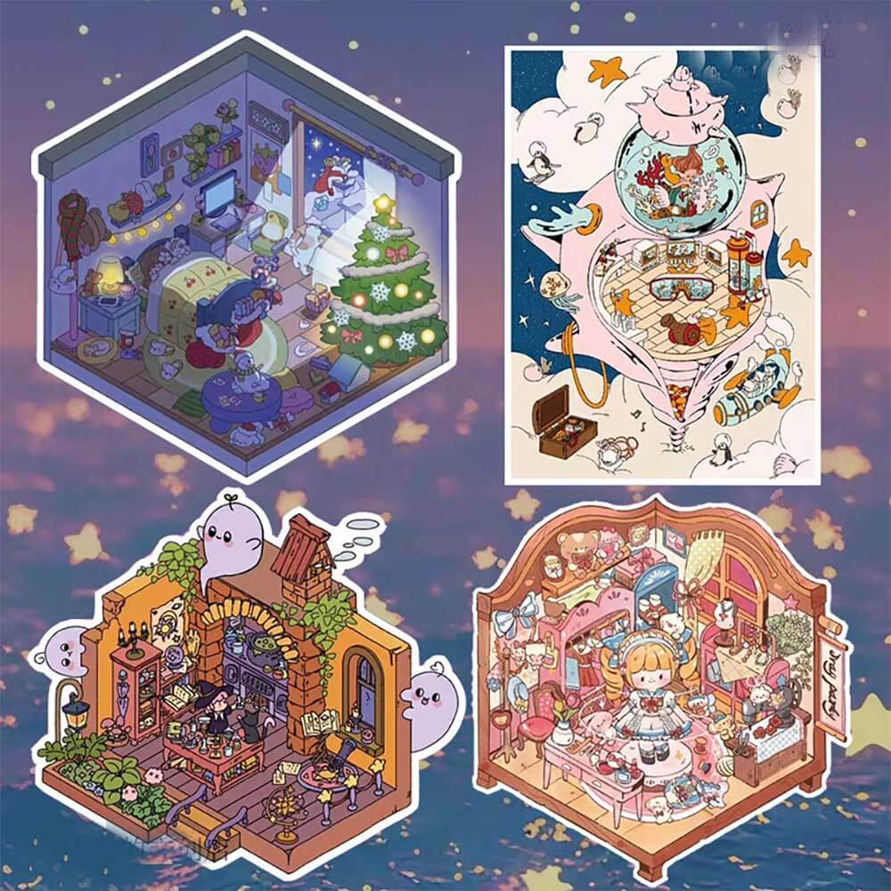 Starry Night Whisper DIY 3D Scene Stickers 4 Cute Miniature Scenes