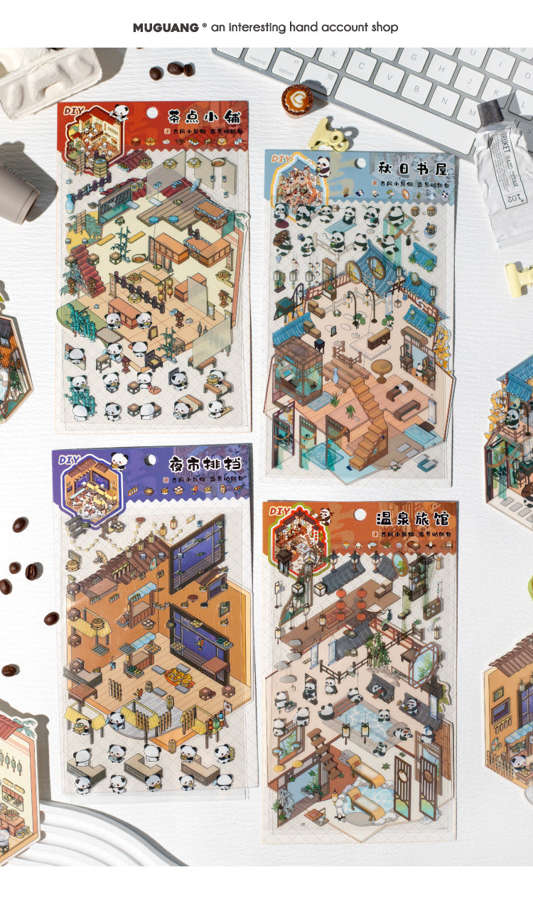Traditional Chinese Panda 3D Sticker Scene Collection: Tea House, Night Market, Hot Spring Inn & Autumn Bookstore