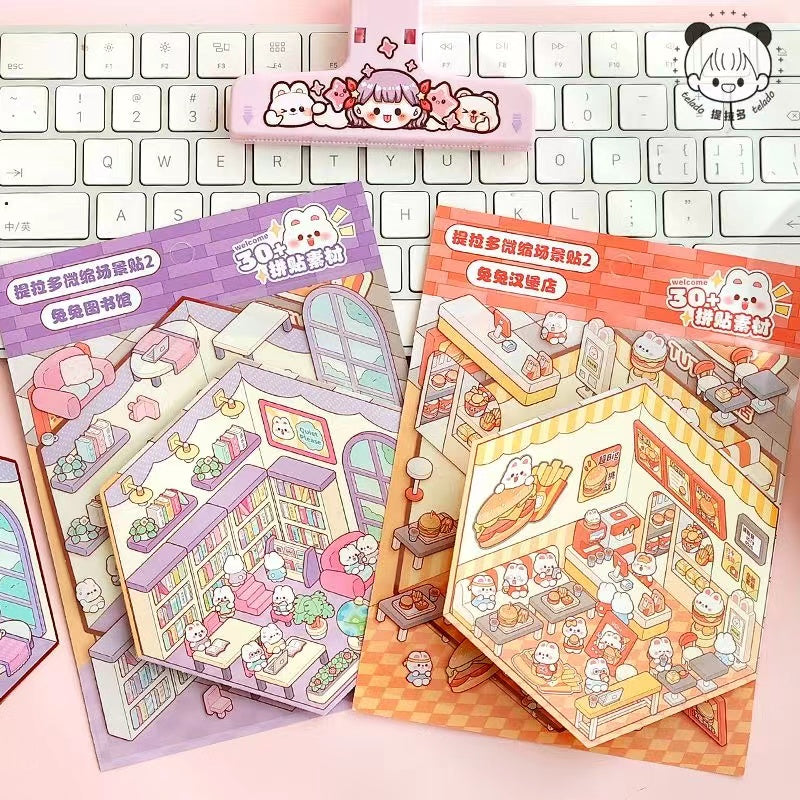 Stickers Scene, Make Cute Rabbit Dessert Shop|Panda Tea House|Bookstore|Burger Shop