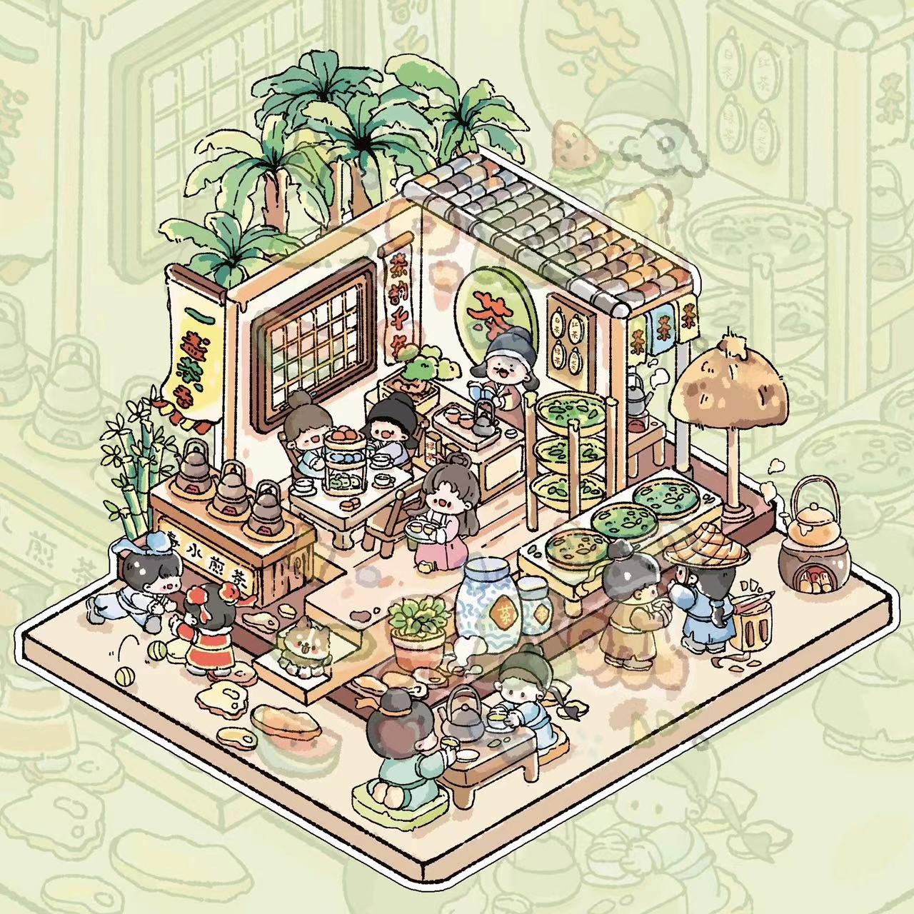 DIY Sticker Scene:Traditional Chinese Tea House Medicine Clinic Restaurant Cloth Shop