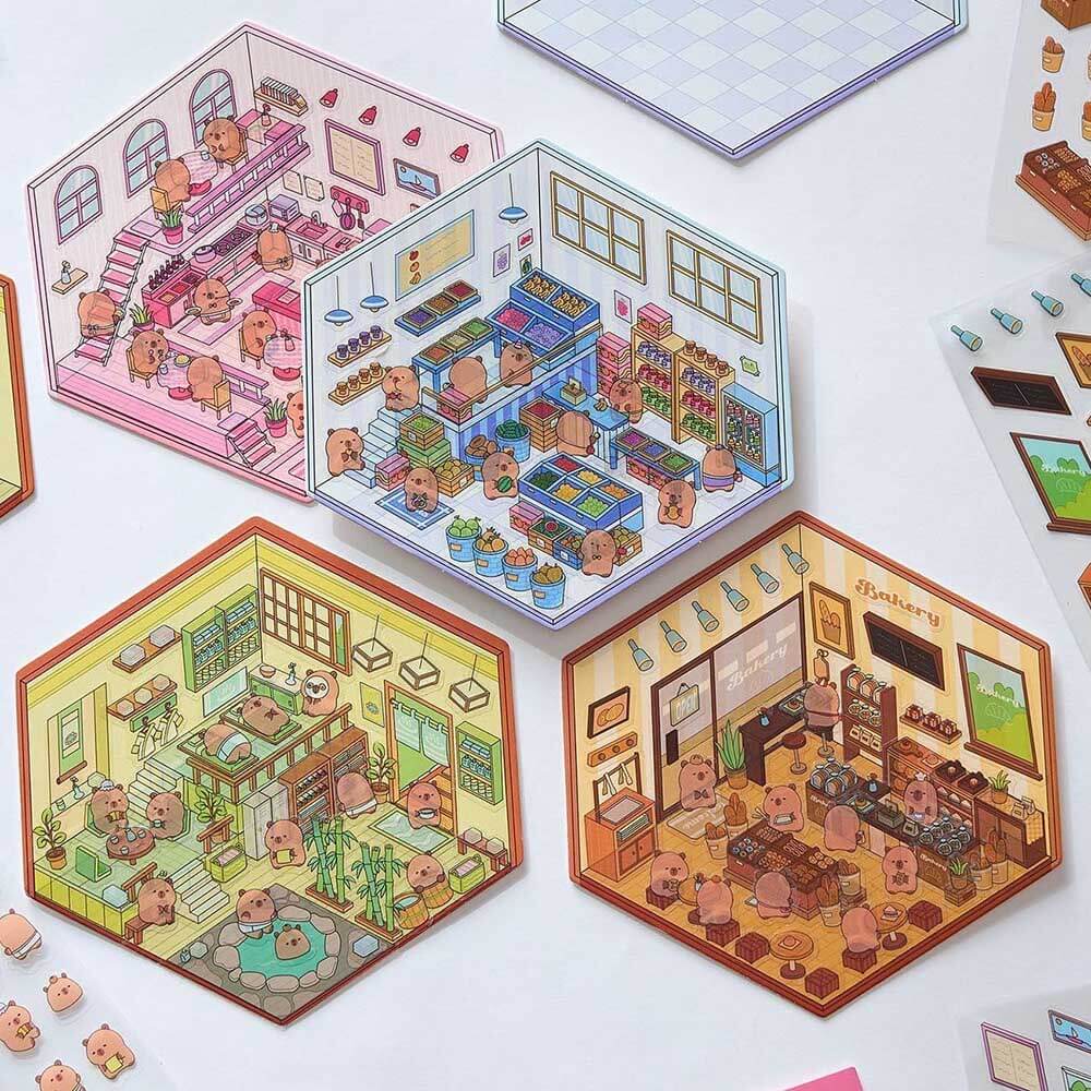 Capybara Diary DIY 3D Scene Stickers 4 Cute Miniature Scenes