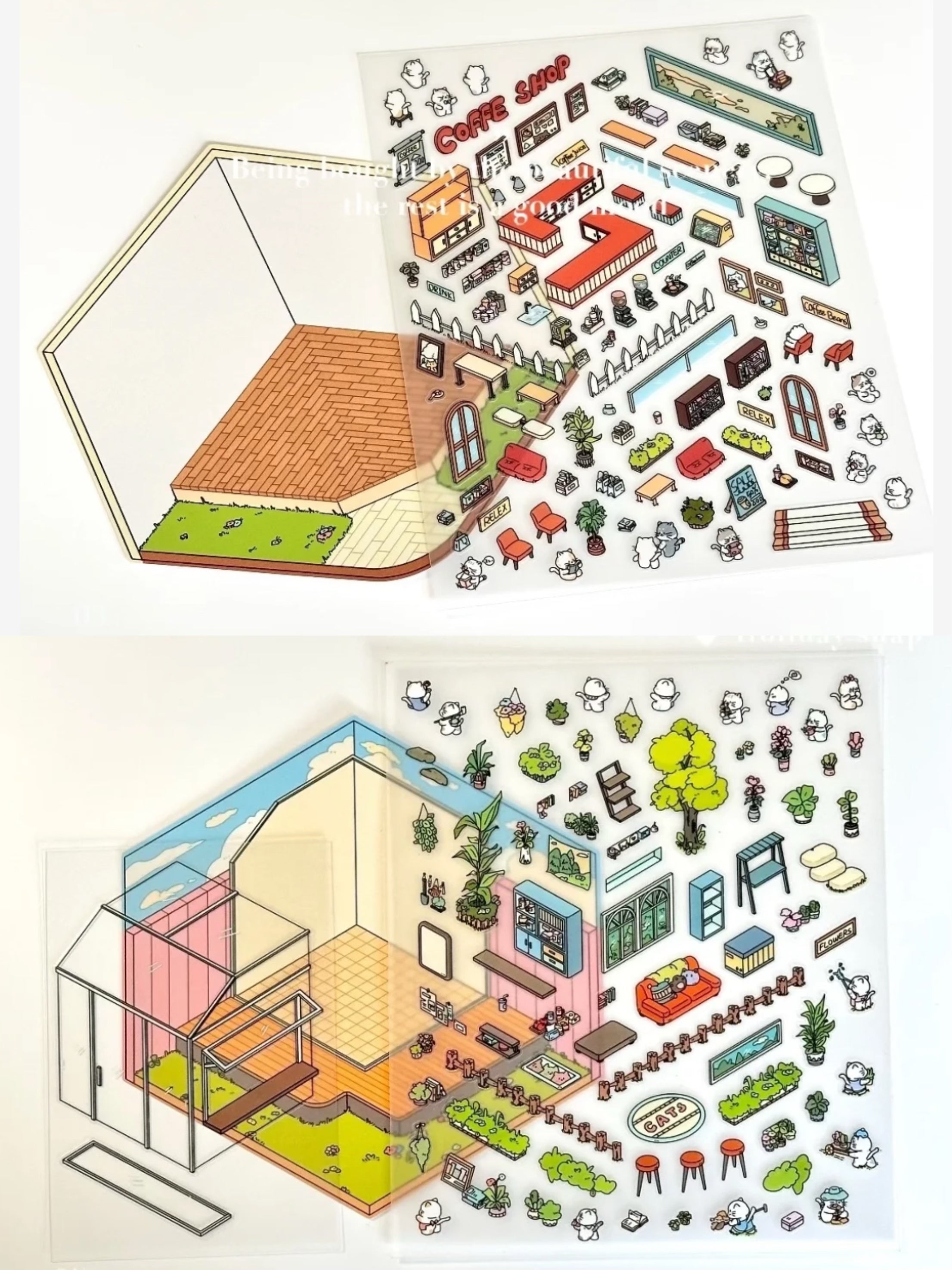 3D Sticker Scene,Make a Sunshine Greenhouse|Coffee Shop|Candy House|Clothing Shop