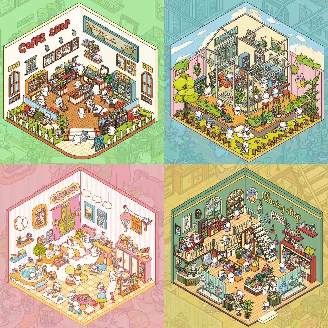 3D Sticker Scene,Make a Sunshine Greenhouse|Coffee Shop|Candy House|Clothing Shop