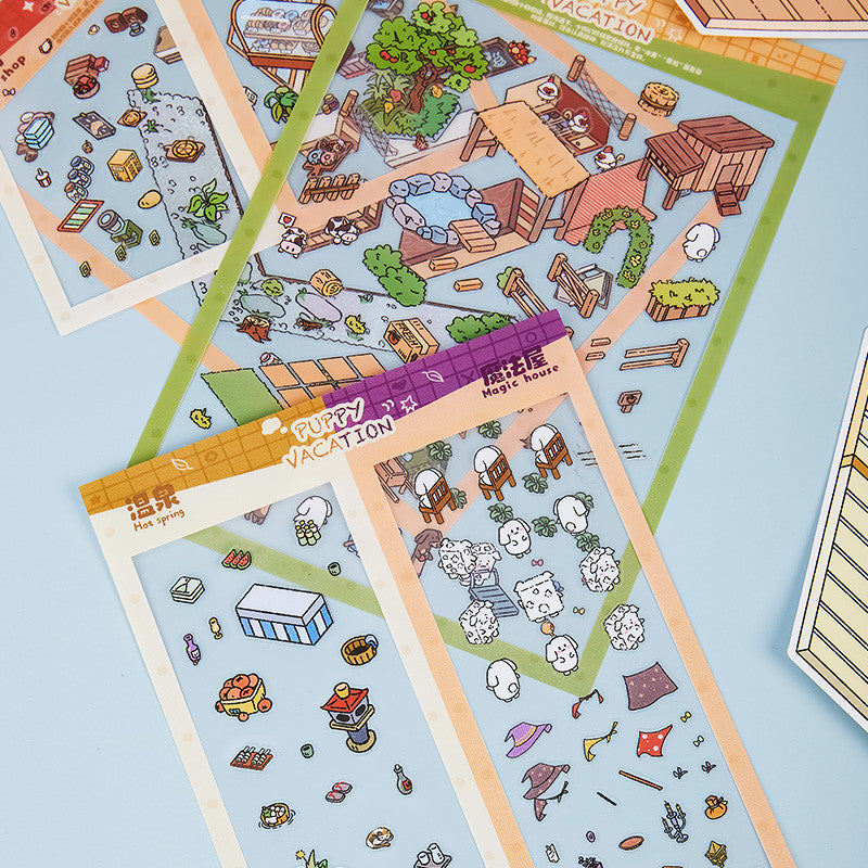 Puppy Sticker Scenes! Create your Own Four Puppy Library|Cinema|Resort|Market