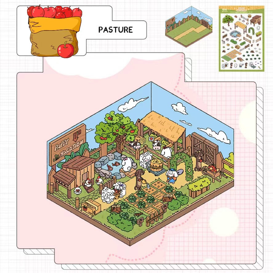 Puppy Sticker Scenes! Create your Own Four Puppy Library|Cinema|Resort|Market