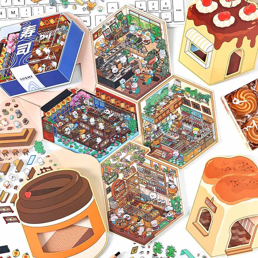 Fun Dessert House DIY 3D Scene Stickers - 4 Cute Miniature Scenes