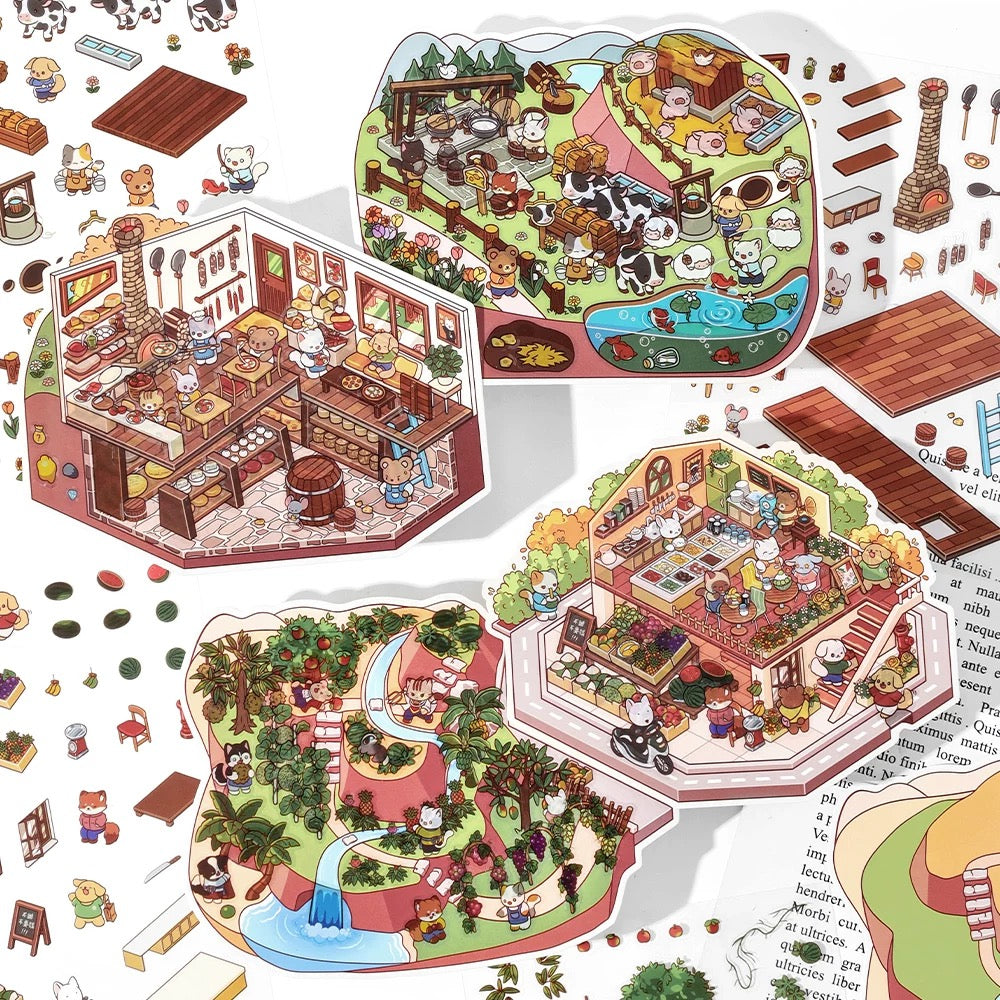 Sticker Scenes! Sunshine Greenhouse|Cat Cafe|Bakery|Library