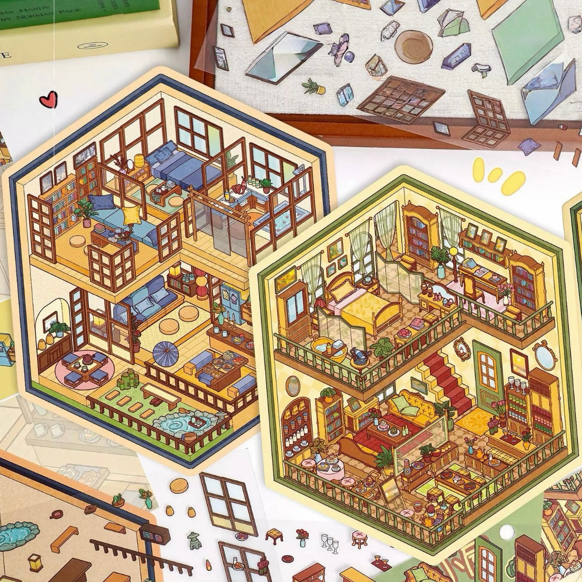 3D Scene Sticker French Japanese Cottage Plant House