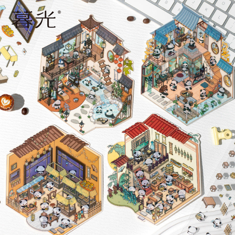 Traditional Chinese Panda 3D Sticker Scene Collection: Tea House, Night Market, Hot Spring Inn & Autumn Bookstore