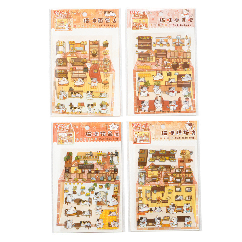 Enchanted Cat Bakery 3D Sticker Scene: Bread Houses & Dessert Book Cafes