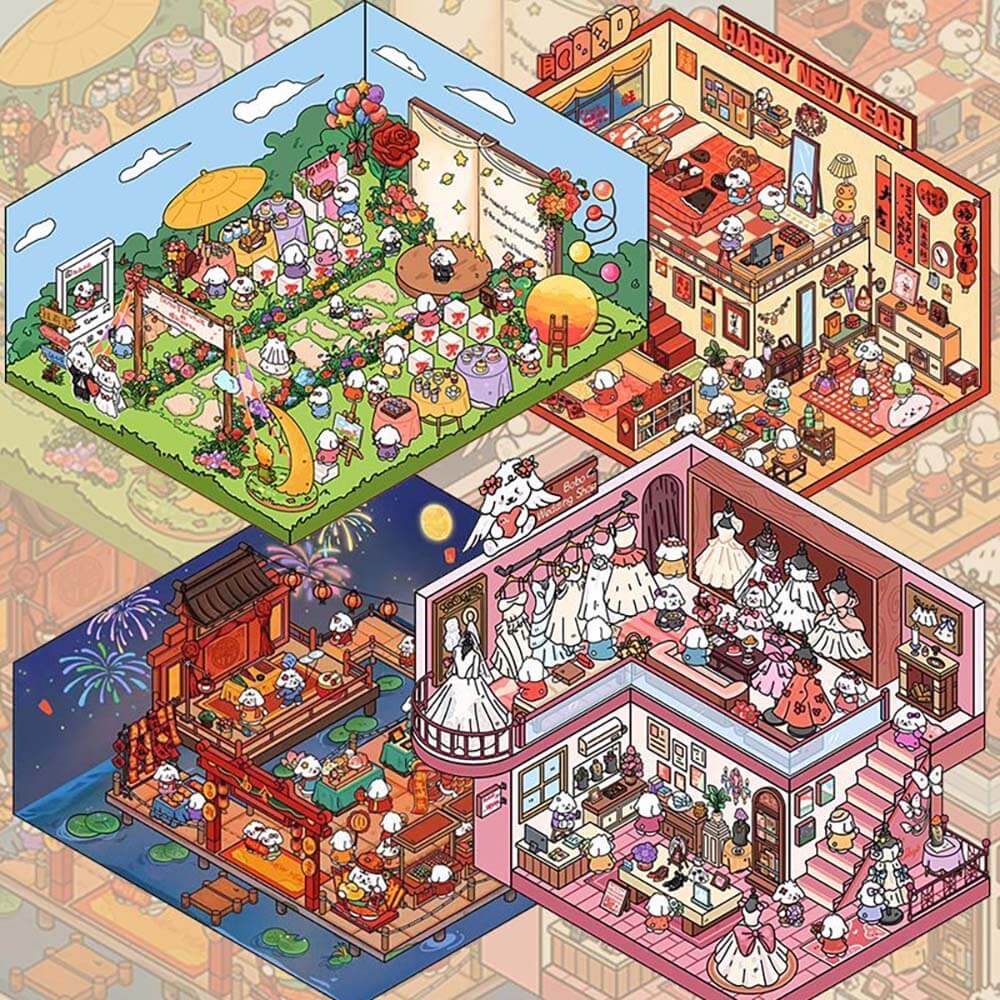 Lawn Wedding DIY 3D Scene Stickers - 4 Lovely Miniature Scenes