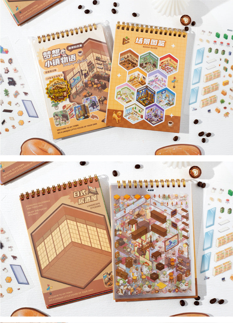 Dream town Story Whimsical Dream Town 3D Sticker Scene Set Panda Academies & Nostalgic Food Streets DIY Miniature Scenes