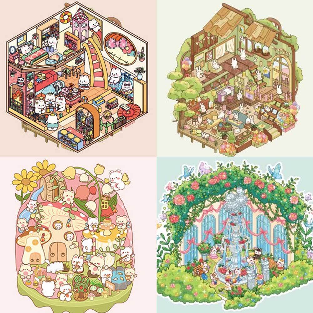 Bunny's Secret Garden DIY 3D Scene Stickers 4 Cute Miniature Scenes