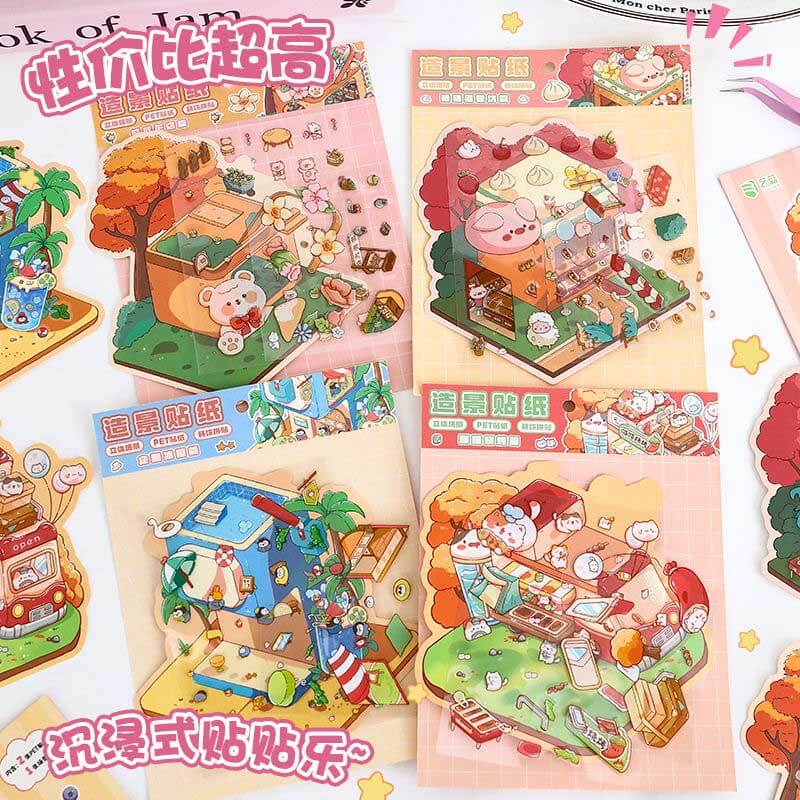 Cozy Animal Town DIY 3D Scene Stickers 4 Cute Miniature Scenes