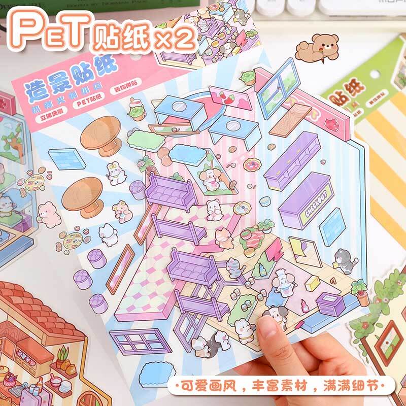 Furry Friends’ Town DIY 3D Scene Stickers 4 Cute Miniature Scenes