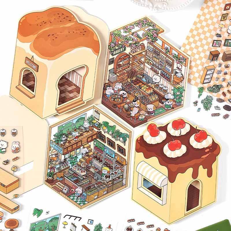 Fun Dessert House DIY 3D Scene Stickers - 4 Cute Miniature Scenes