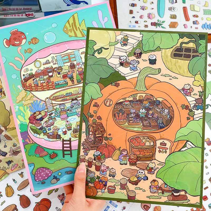 Shopping Tea Party DIY 3D Scene Stickers 2 Cute Miniature Scenes