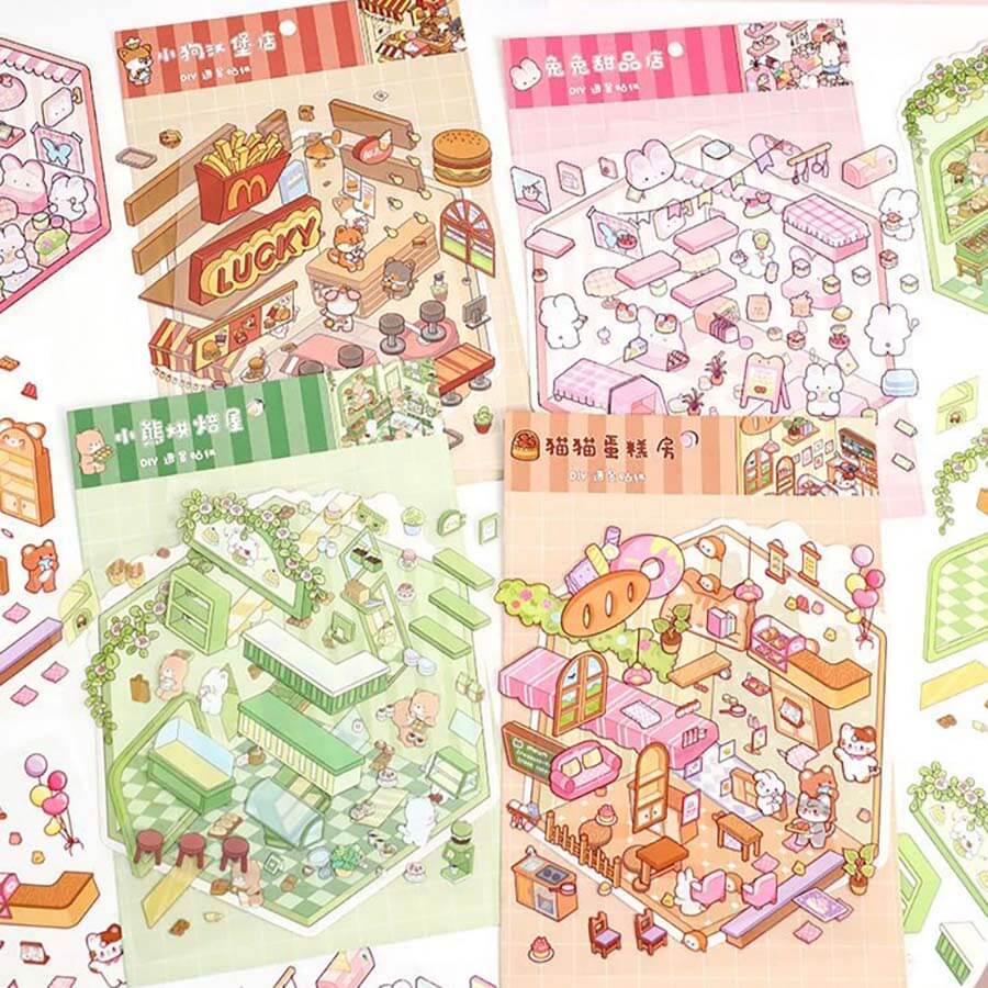 Sweet Critter Café DIY 3D Scene Stickers 4 Cute Miniature Scenes