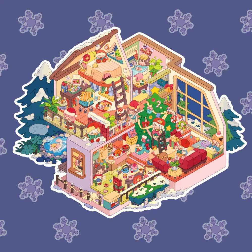 Treasure Chest Christmas & New Year Scene Sticker 6 Cute Miniature Scenes