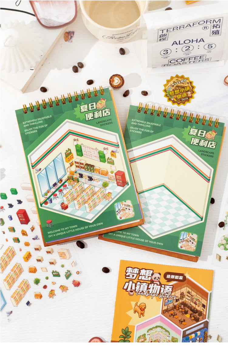 Dream town Story Whimsical Dream Town 3D Sticker Scene Set Panda Academies & Nostalgic Food Streets DIY Miniature Scenes