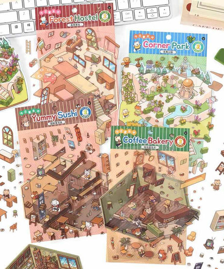 Street Corner Park DIY 3D Scene Stickers - 4 Cute Miniature Scenes