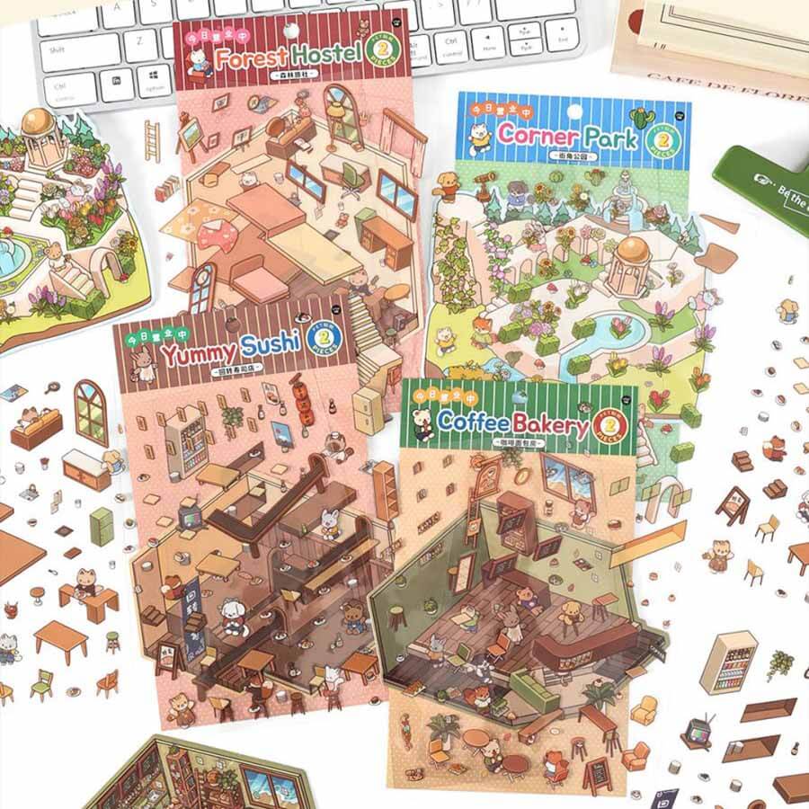 Street Corner Park DIY 3D Scene Stickers - 4 Cute Miniature Scenes