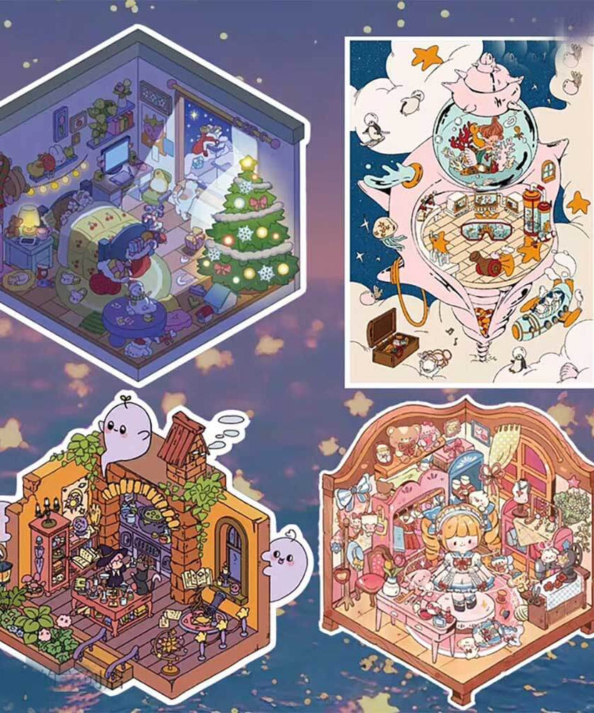 Starry Night Whisper DIY 3D Scene Stickers 4 Cute Miniature Scenes