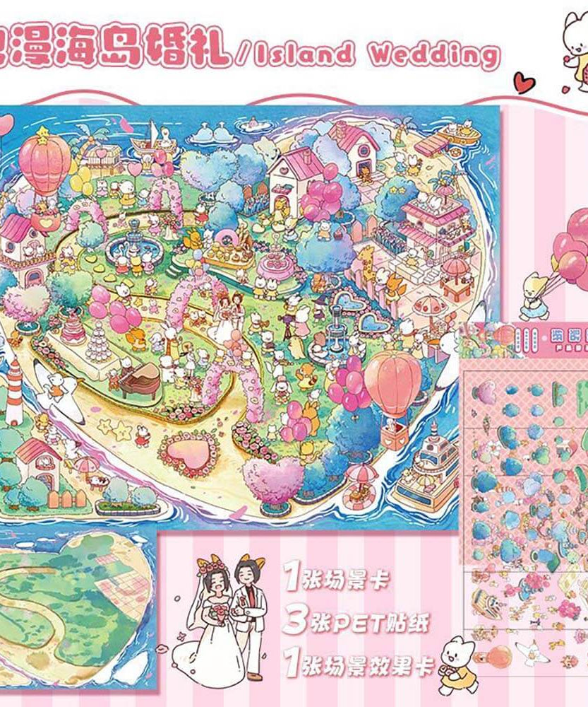 Island Wedding DIY 3D Scene Stickers -  Oversized Cute Miniature Scenes