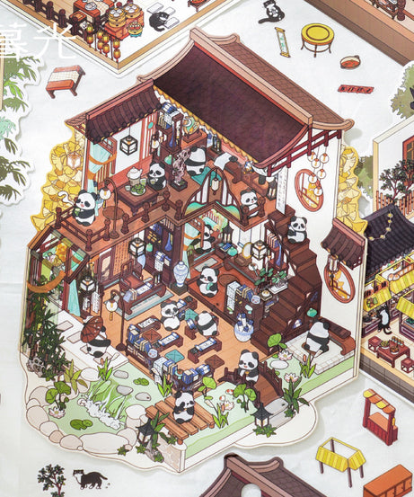 Panda Village 3D Sticker Scene: Night Markets & Hot Spring Inns
