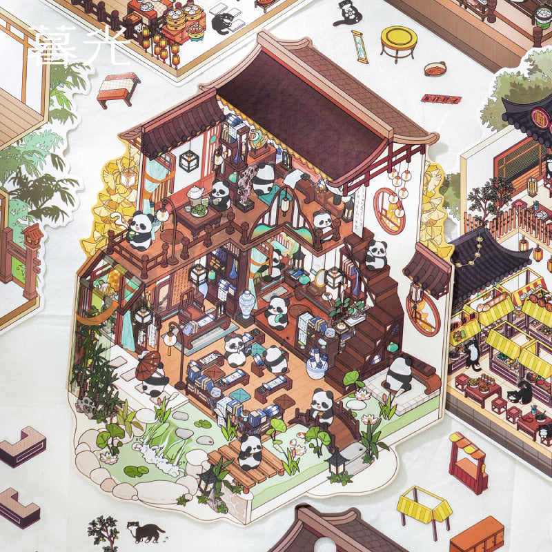 Panda Village 3D Sticker Scene: Night Markets & Hot Spring Inns