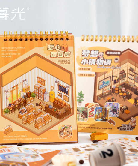 Dream town Story Whimsical Dream Town 3D Sticker Scene Set Panda Academies & Nostalgic Food Streets DIY Miniature Scenes