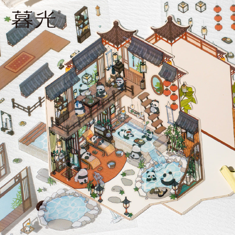 Traditional Chinese Panda 3D Sticker Scene Collection: Tea House, Night Market, Hot Spring Inn & Autumn Bookstore