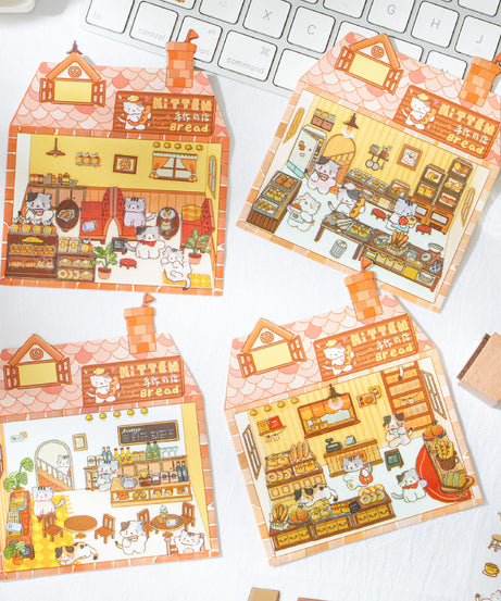 Enchanted Cat Bakery 3D Sticker Scene: Bread Houses & Dessert Book Cafes