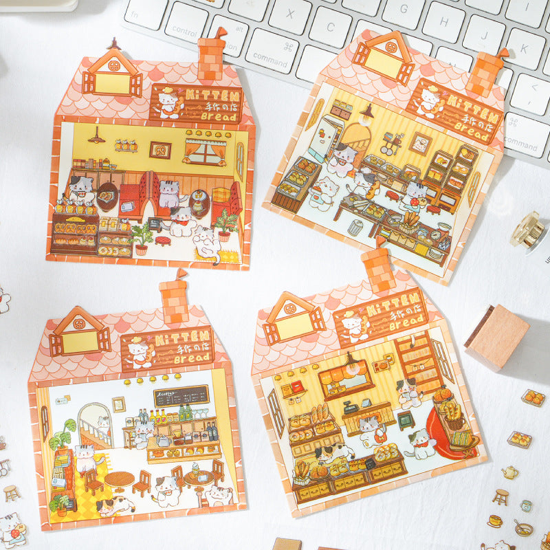 Enchanted Cat Bakery 3D Sticker Scene: Bread Houses & Dessert Book Cafes