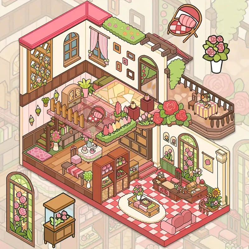 3D Scene Sticker French Japanese Cottage Plant House
