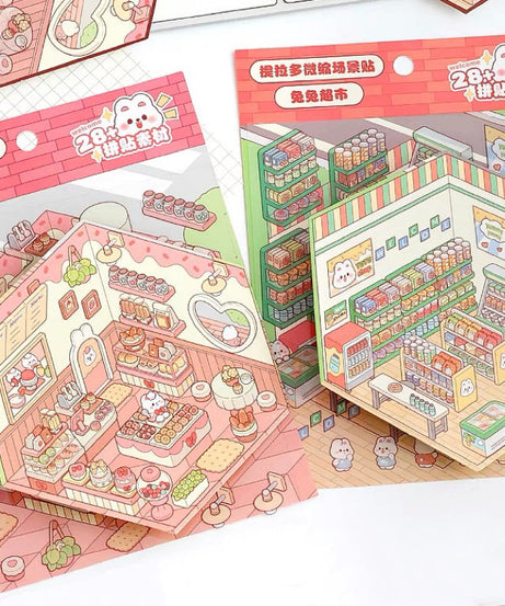 Stickers Scene, Make Cute Rabbit Dessert Shop|Panda Tea House|Bookstore|Burger Shop