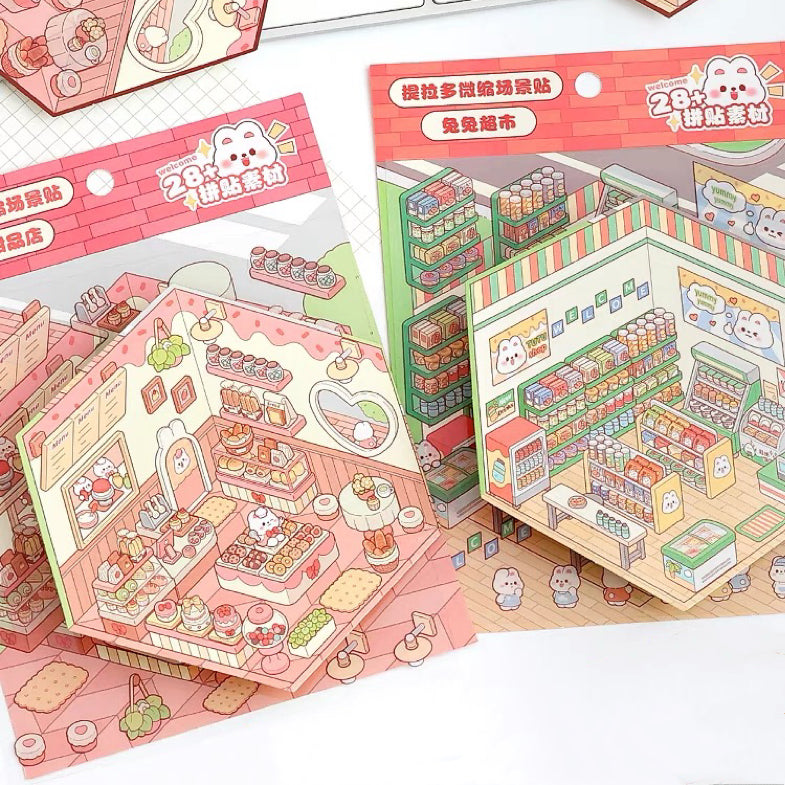 Stickers Scene, Make Cute Rabbit Dessert Shop|Panda Tea House|Bookstore|Burger Shop