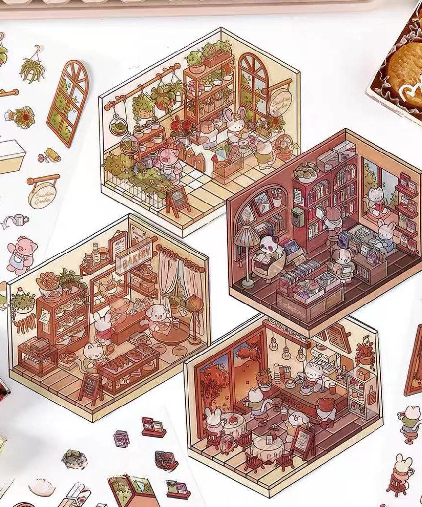 Sticker Scenes! Sunshine Greenhouse|Cat Cafe|Bakery|Library