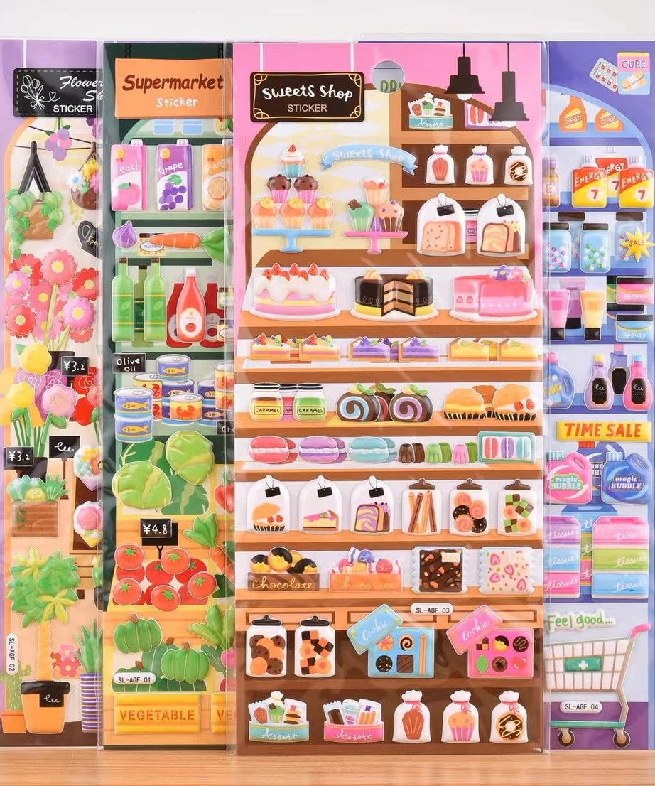 3D Puffy Stickers, Flower Shop|Supermarket|Drug Store|Sweet Shop