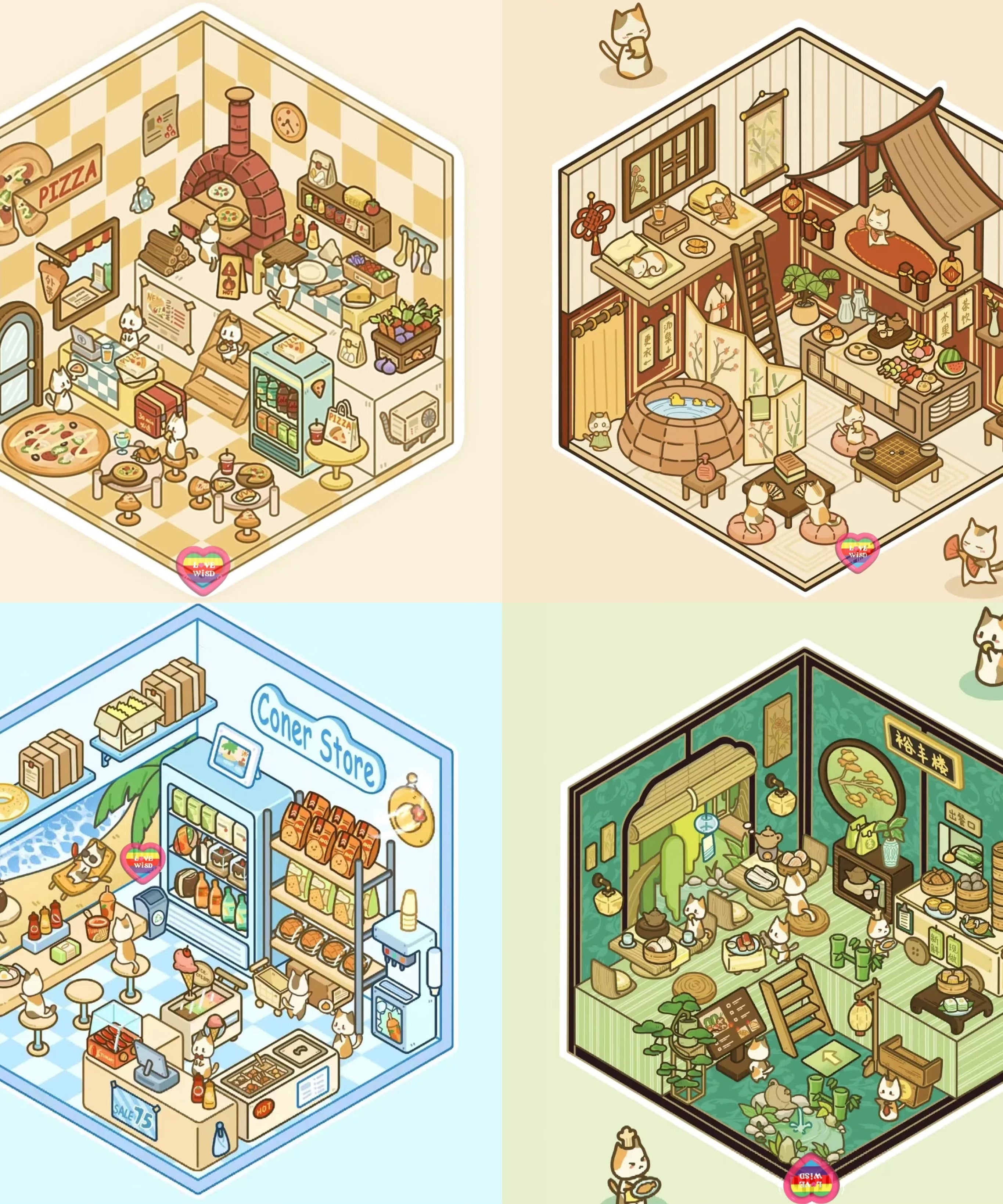 DIY Miniature Sticker Scene,Cat Burger Shop|Ferris Wheel Sushi|Hot Spring|Pizza Shop
