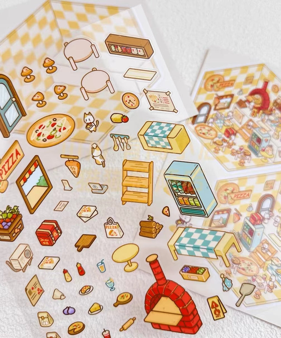 DIY Miniature Sticker Scene,Cat Burger Shop|Ferris Wheel Sushi|Hot Spring|Pizza Shop