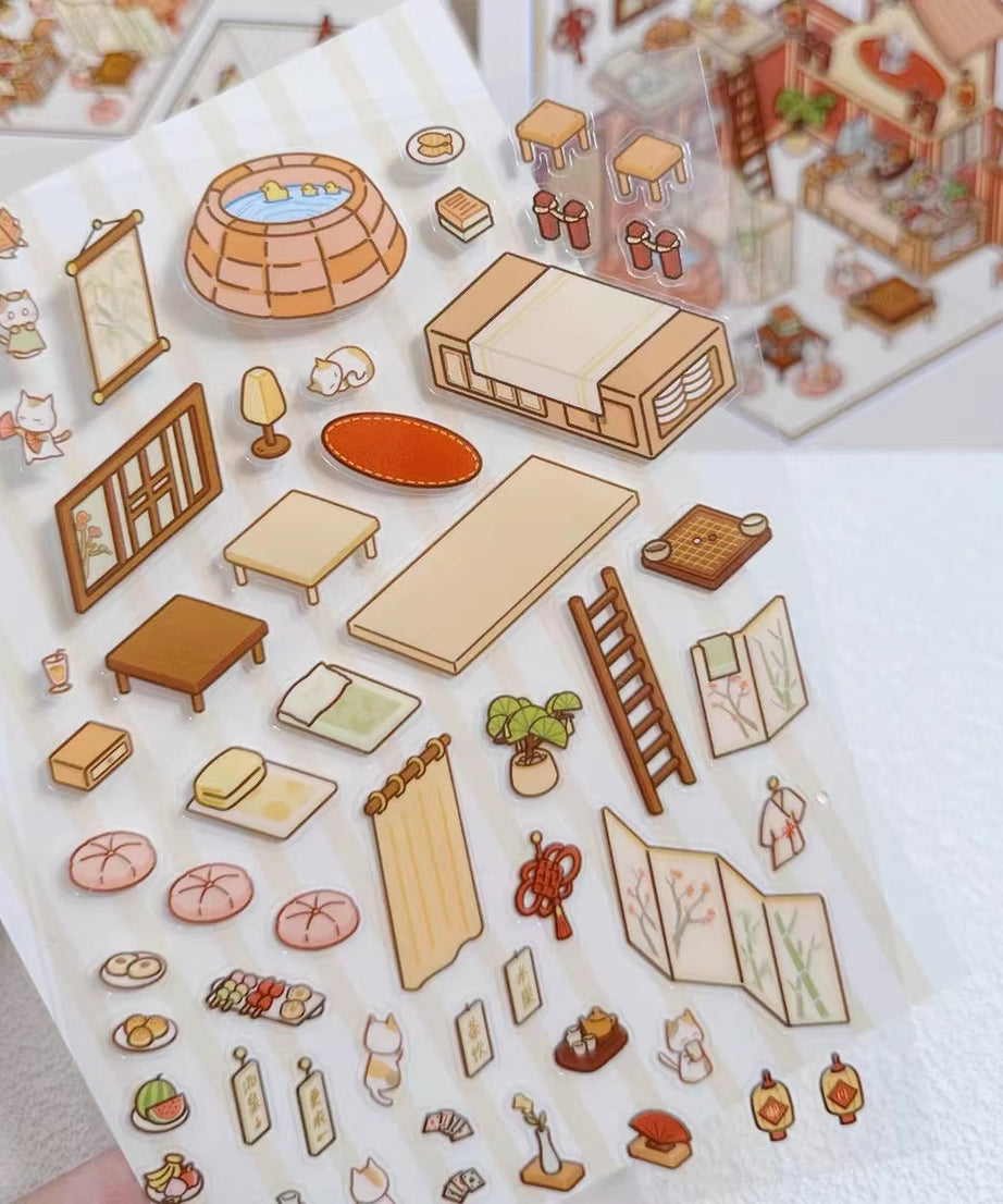 DIY Miniature Sticker Scene,Cat Burger Shop|Ferris Wheel Sushi|Hot Spring|Pizza Shop