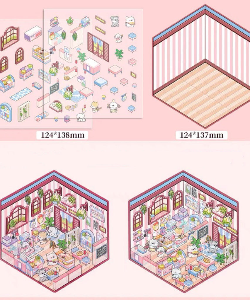3D Puppy Restaurant Bakery Shop Convenience Store Sticker Scenes