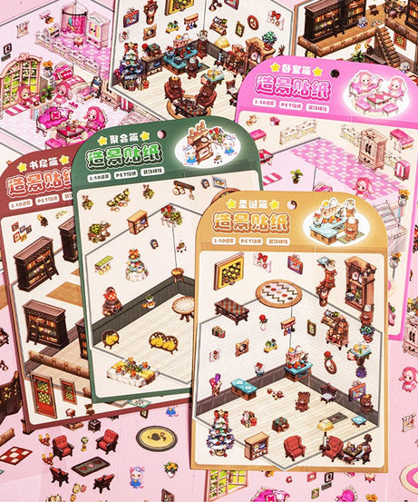 DIY 3D Sticker Scenes|Christmas|My Room|Book Store|Party