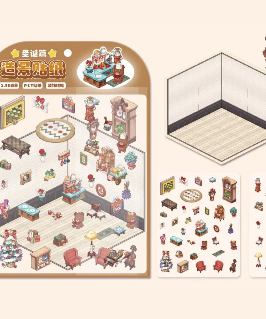 DIY 3D Sticker Scenes|Christmas|My Room|Book Store|Party