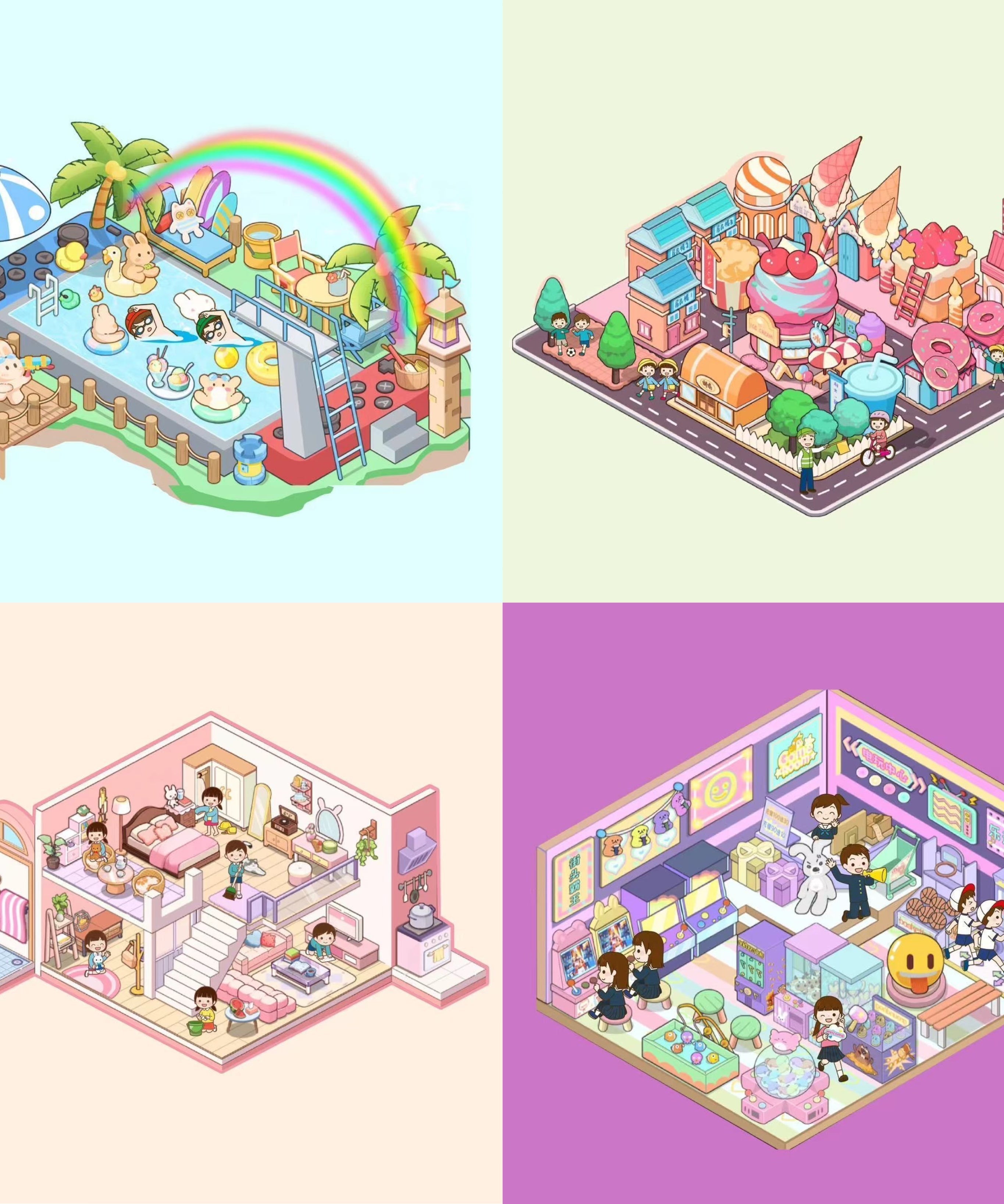 3D Sticker Play Scenes! Create Pool Party|Dessert Street|Pink Loft|Video Arcade