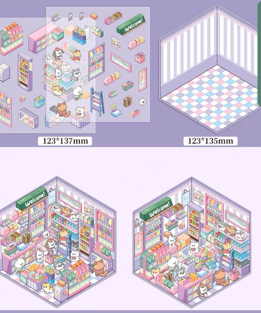 3D Puppy Restaurant Bakery Shop Convenience Store Sticker Scenes