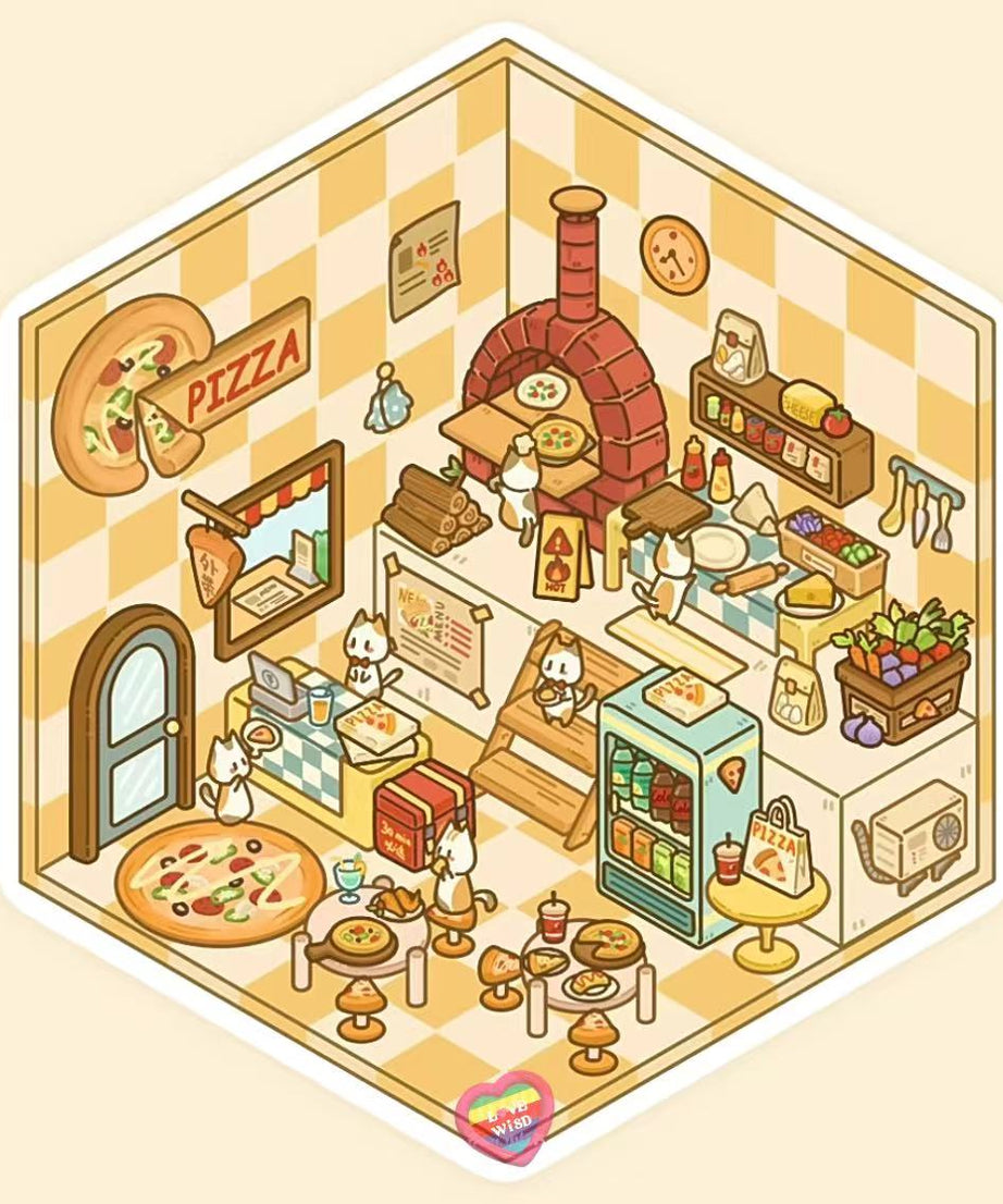 DIY Miniature Sticker Scene,Cat Burger Shop|Ferris Wheel Sushi|Hot Spring|Pizza Shop