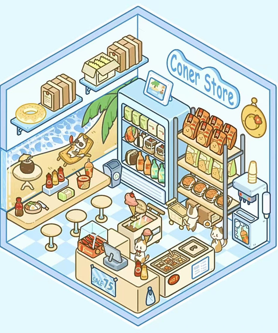 DIY Miniature Sticker Scene,Cat Burger Shop|Ferris Wheel Sushi|Hot Spring|Pizza Shop